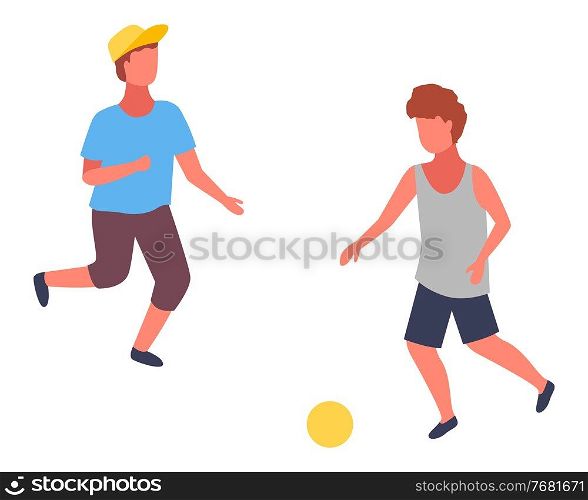 Two boys playing football. Boy in cap and blue t-shirt playing with ball and his friend in shirt. Kid s outdoors activity or hobby. Isolated cartoon faceless children have fun, have recreation. Two boys playing football, boy in cap and blue t-shirt playing with ball and his friend in shirt