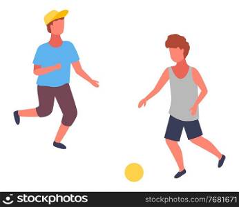 Two boys playing football. Boy in cap and blue t-shirt playing with ball and his friend in shirt. Kid s outdoors activity or hobby. Isolated cartoon faceless children have fun, have recreation. Two boys playing football, boy in cap and blue t-shirt playing with ball and his friend in shirt