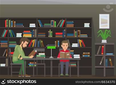 Two boys sit at table and read books in library with bookcase and plant on background. Vector illustration of young male people that learn new information in educational institution with many books. Two Boys Sit at Table and Read Books in Library