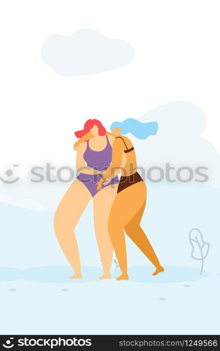 Two Brave Cartoon Women Character Holding Each Other Togetherness Support Casual Female Femininity Lady Concept Banner Flat Template Help Girl Better Together Vector Floral Style Illustration. Two Cartoon Women Support Banner Flat Template