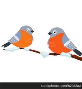 Two Bullfinches. A group of cute forest animals. Couple of bird on branch with snow. Cartoon flat illustration. Two Bullfinches. Group of cute animals
