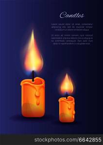 Two burning candles small and big with lit flame in realistic design vector illustration isolated on blue background. Ignitable wick embedded in wax. Two Burning Candles Small and Big with Lit Flame