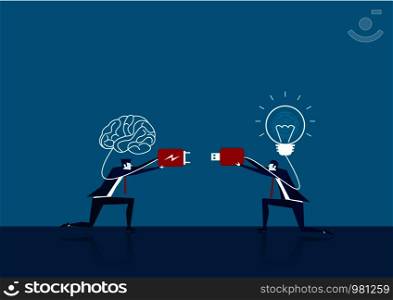 two business connect plug brain and light bulb. Concept business vector illustration.