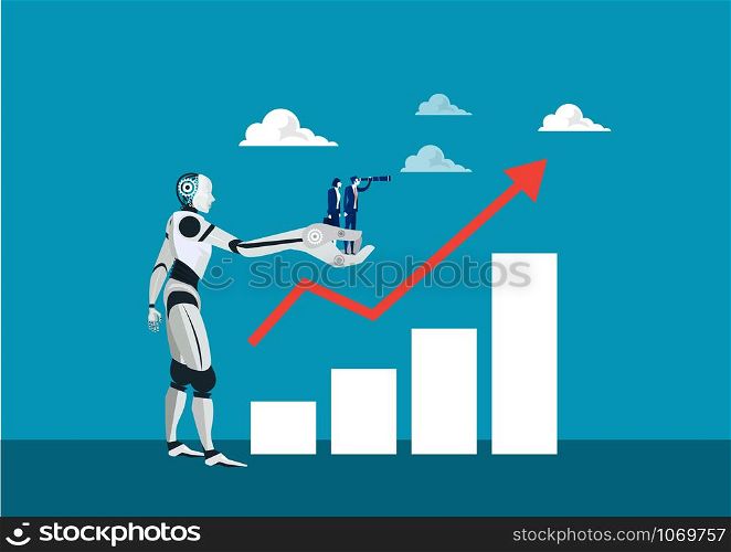 two business holding binoculars on hand robot for analyst stock market vector