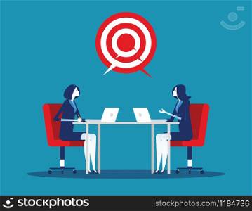 Two business meeting and talking to target. Concept business vector illustraiton. Flat vector design.
