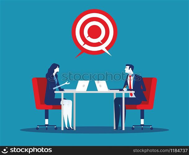 Two business meeting and talking to target. Concept business vector illustraiton. Flat vector design.