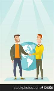 Two business partners shaking hands. Business partners handshaking after successful deal on a world map background. International business partnership. Vector flat design illustration. Vertical layout. Business partners shaking hands.