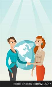 Two business partners shaking hands. Business partners handshaking after successful deal on a world map background. International business partnership. Vector flat design illustration. Vertical layout. Business partners shaking hands.