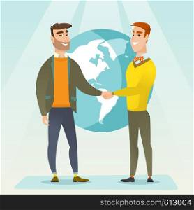 Two business partners shaking hands. Business partners handshaking after successful deal on a world map background. International business partnership. Vector flat design illustration. Square layout.. Business partners shaking hands.