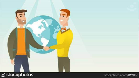 Two business partners shaking hands. Business partners handshaking after successful deal on a globe background. International business partnership. Vector flat design illustration. Horizontal layout.. Business partners shaking hands.