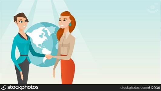 Two business partners shaking hands. Business partners handshaking after successful deal on a globe background. International business partnership. Vector flat design illustration. Horizontal layout.. Business partners shaking hands.