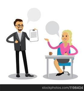 Two business people talking,caucasian female office manager and male boss,flat vector illustration,