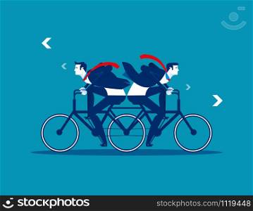 Two Business person riding the same bike in opposite directions. Concept business vector illustration. Flat design style.. Two Business person riding the same bike in opposite directions. Concept business vector illustration. Flat design style.