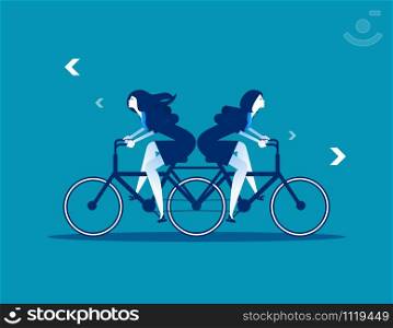 Two Business person riding the same bike in opposite directions. Concept business vector illustration. Flat design style.