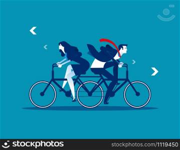 Two Business person riding the same bike in opposite directions. Concept business vector illustration. Flat design style.