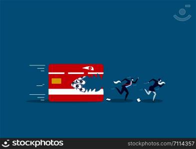 two business running away from credit card. Creative vector illustration on debt
