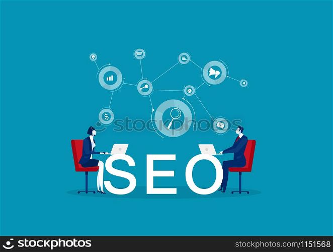 two business Seo optimization , marketing business technology, monitor with data analysis platform on screen,vector