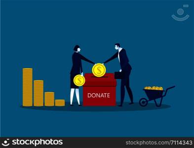 two business throws gold coin in a box for donations. Donate, giving money. Vector illustration, blue on background.