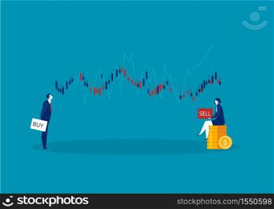 two business trader and business candlestick chart with buy and sell buttons on blue background