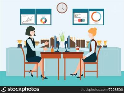 Two business woman sitting at the table and working on the computer in the office , business conceptual vector illustration.