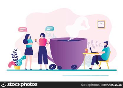Two business woman talking and drinking coffee. Male character works at laptop. Employees relaxing on coffee break. Colleagues talk at lunch time. Banner in trendy style. Flat vector illustration. Two business woman talking and drinking coffee. Male character works at laptop. Employees relaxing on coffee break
