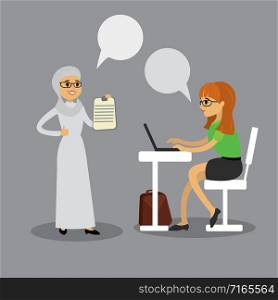 Two business women talking,caucasian office manager and arab boss,vector illustration