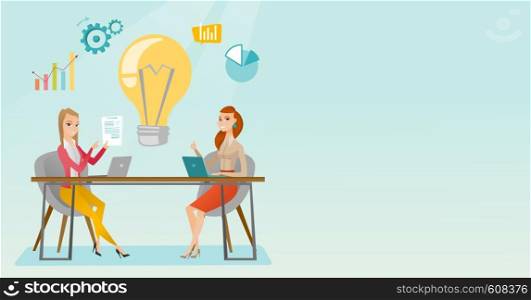 Two business women working on a business idea. Business women thinking about new creative idea. Businesswoman sharing ideas. Business idea concept. Vector flat design illustration. Horizontal layout.. Successful business idea vector illustration.