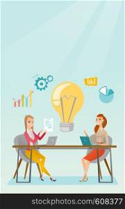 Two business women working on a new business idea. Business women thinking about new creative idea. Businesswoman sharing ideas. Business idea concept. Vector flat design illustration. Vertical layout. Successful business idea vector illustration.