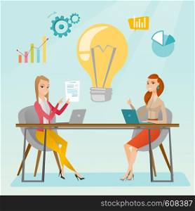 Two business women working on a new business idea. Business women thinking about new creative idea. Businesswoman sharing ideas. Business idea concept. Vector flat design illustration. Square layout.. Successful business idea vector illustration.