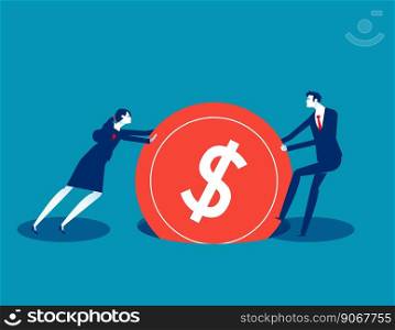 Two business work hard to pull out coin stuck in the hole. Business financial concept