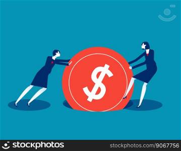 Two business work hard to pull out coin stuck in the hole. Business financial concept