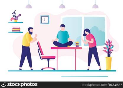 Two business workers are in conflict. Professional stress management at work. Conflict situation in office between employees. Businessman relaxes on workplace. Trendy flat vector illustration. Two business workers are in conflict. Professional stress management at work. Conflict situation in office between employees