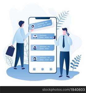 Two businessman and big smartphone with application,team building and hiring- concept background,trendy style vector illustration