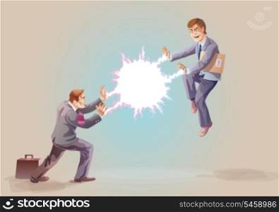 Two businessman are fighting using their super abilities.