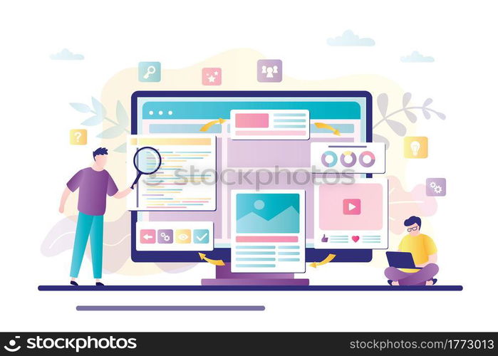 Two businessman builds and develop web page design on monitor. Teamwork, construction and web builders concept. Male characters use magnifying glass and laptop for analyzes. Flat Vector illustration. Two businessman builds and develop web page design on monitor. Teamwork, construction and web builders concept.