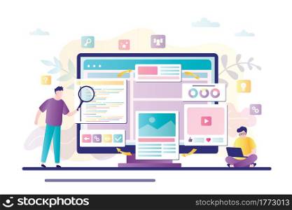 Two businessman builds and develop web page design on monitor. Teamwork, construction and web builders concept. Male characters use magnifying glass and laptop for analyzes. Flat Vector illustration. Two businessman builds and develop web page design on monitor. Teamwork, construction and web builders concept.