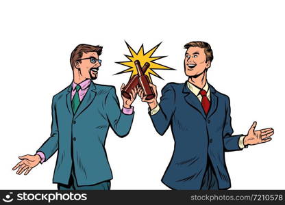two businessman cheers bottles of beer for success. Male friendship. Pop art retro vector illustration drawing vintage kitsch. two businessman cheers bottles of beer for success