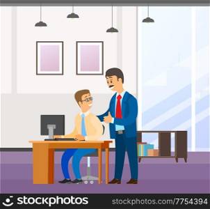 Two businessman communicates. Good deal, concept of business partnership vector cartoon style characters conclude success agreement. Man chief praises a young smiling subordinate holding his shoulder. Two businessman communicates. Man chief praises a young smiling subordinate holding his shoulder