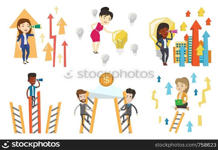 Two businessman competing for the money. Competitive businessmen climbing the ladder on cloud. Concept of competition in business. Set of vector flat design illustrations isolated on white background.. Vector set of business characters.