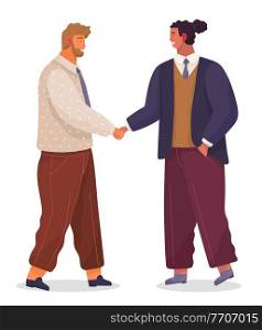 Two businessman handshake. Good deal, concept of business partnership vector cartoon style characters conclude success agreement. Men dressed formally greet each other at a meeting shake hands. Two businessman handshake. Good deal concept of business partnership vector cartoon style characters