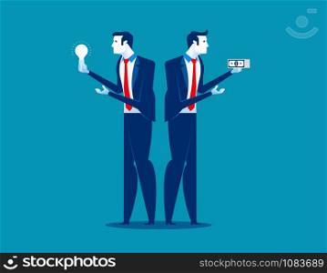 Two businessman holding money and ideas. Concept business vector illustration.