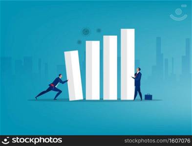 Two Businessman push bar graph falling in economic collapse from COVID-19 virus pathogen. Vector illustration.