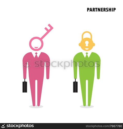 Two businessman with key symbol. Business solution concept. Flat design vector illustration