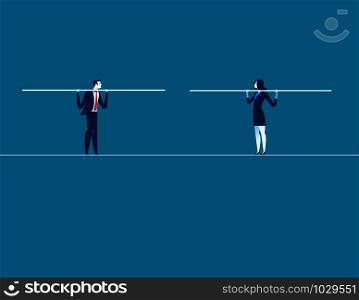 Two businessmen converge on tightrope. Concept business vector illustration.