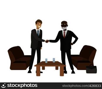 Two businessmen different nationality shake hands ,isolated on white background,cartoon vector illustration. Two businessmen shake hands