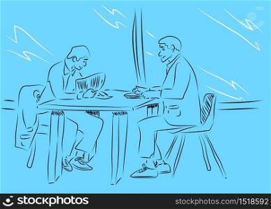 Two businessmen discussing doing business. Talking about business ideas and commercial enterprise. Vector line drawing.