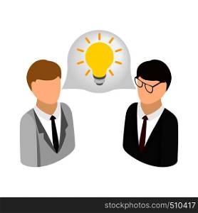 Two businessmen get idea icon in isometric 3d style isolated on white background. Two businessmen get idea icon, isometric 3d style