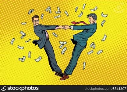 Two businessmen happily dancing in a whirlwind of money. Pop art retro vector illustration. Two businessmen happily dancing in a whirlwind of money