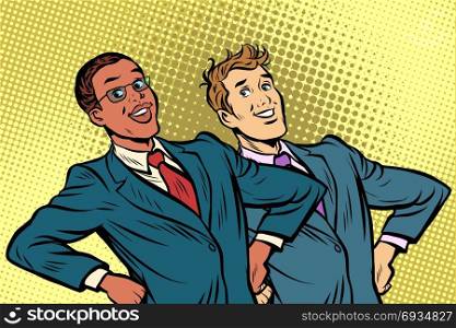 two businessmen multiracial group. Pop art retro vector illustration. two businessmen multiracial group