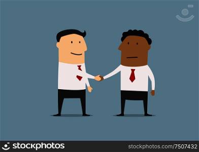 Two businessmen of different ethnicity standing shaking hands at the conclusion of a business deal. Two cartoon businessmen shaking hands
